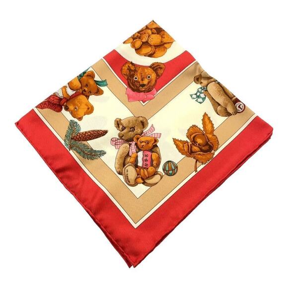 HERMES Vintage Carré 40cm 16” Teddy Bear Red Multicolor Silk Scarf W/Box NWT - Picture 7 of 15